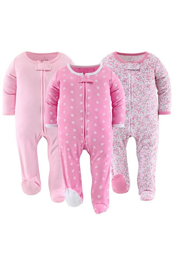Sleep n Play Floral Love Footed Pajamas for Baby Girls Set, 0-3 Months, 3-Pack