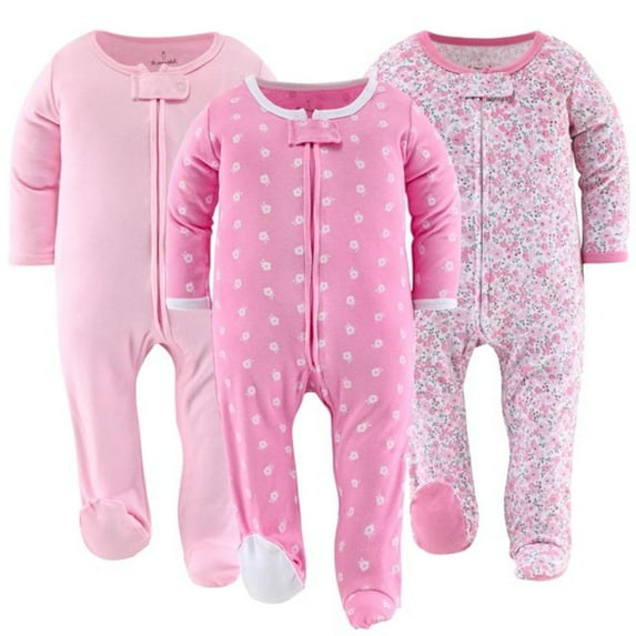 The Peanutshell Sleep n Play Floral Love Footed Pajamas for Baby Girls Set, Newborn, 3-Pack