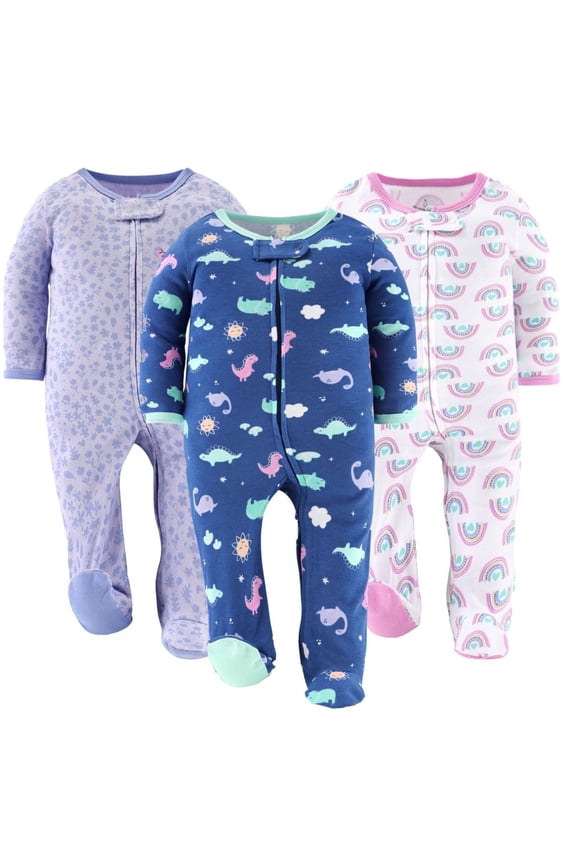 Sleep n Play Dino Girl Footed Pajamas for Baby Girls Set, 6-9 Months, 3-Pack
