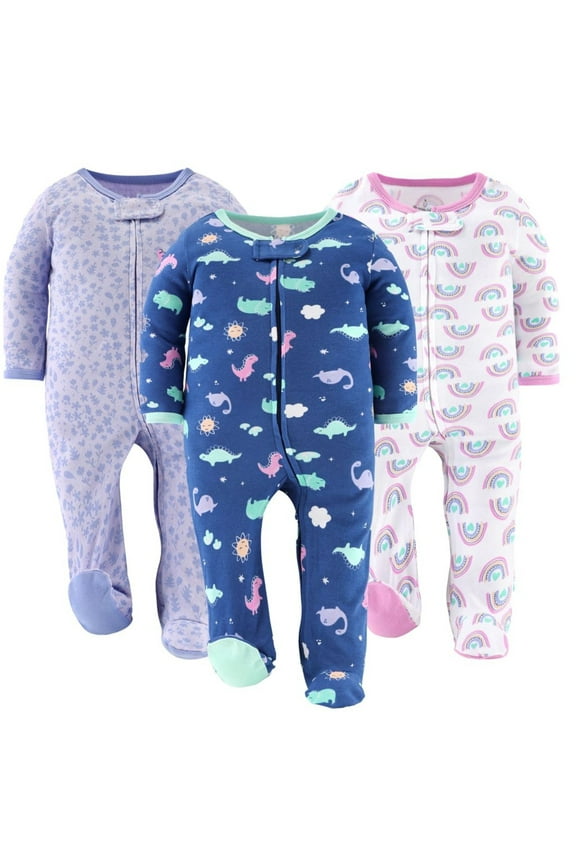 Sleep n Play Dino Girl Footed Pajamas for Baby Girls Set, Newborn, 3-Pack