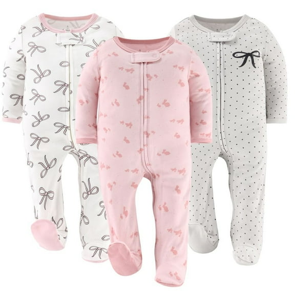 The Peanutshell Baby Sleep n Play Footed Pajamas for Baby Girls, Pink Balletcore, 3 Pack, 0-3 Months