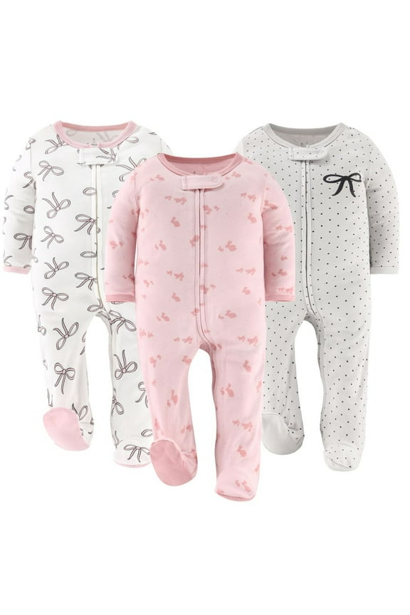 Sleep n Play Pink Balletcore Footed Pajamas for Baby Girls Set, 3-6 Months, 3-Pack