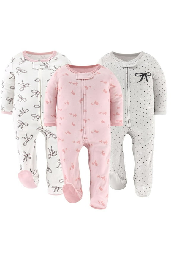 Sleep n Play Pink Balletcore Footed Pajamas for Baby Girls Set, Newborn, 3-Pack