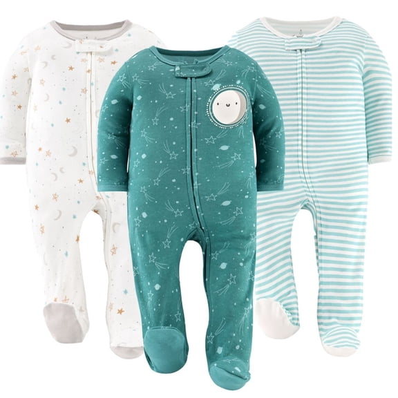 The Peanutshell Sleep n Play Celestial Footed Pajamas for Baby Boys & Girls Set, Newborn, 3-Pack