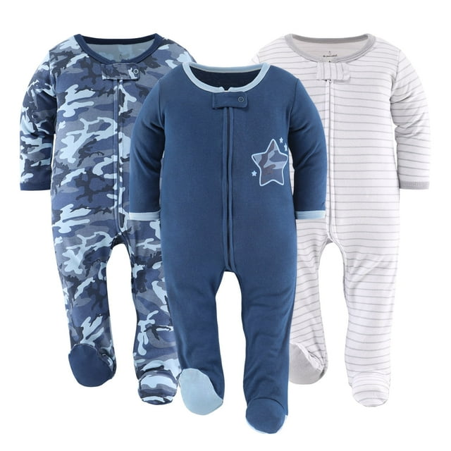 The Peanutshell Baby Sleep n Play Footed Pajamas for Boys, Blue Camo, 3-Pack, 0-3 Months