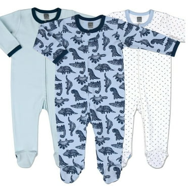 The Peanutshell Baby Sleep n Play Footed Pajamas for Boys or Girls, Blue Dinosaur, 3 Pack, Newborn to 9 Months