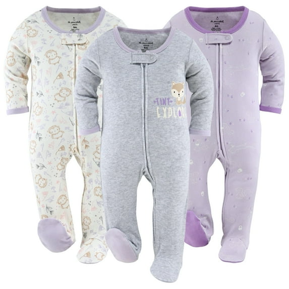The Peanutshell Baby Sleep n Play Footed Pajamas for Boys or Girls, Purple Woodland, 3 Pack, Newborn to 9 Months
