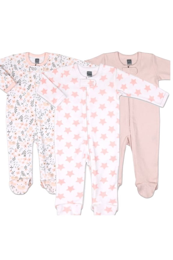 Sleep n Play Footed Baby Pajamas Sleepwear Set, 3-6 Months, Pink Floral, 3-Pack