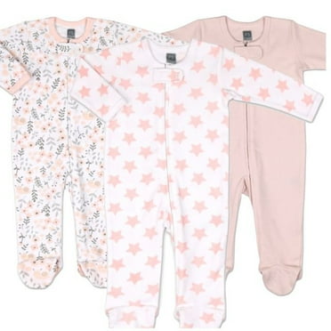 The Peanutshell Baby Sleep n Play Footed Pajamas for Girls, Pink Floral, 3 Pack, Newborn to 9 Months