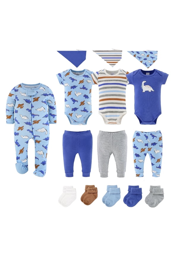 Blue Dino Baby Boy Clothes Set, Sleepers, Bodysuits, Bibs and Socks, 3-6 Months, 15-Pc
