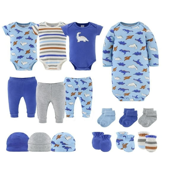 The Peanutshell Blue Dino Newborn Baby Clothes and Essentials, Layette Set for 0-3 Months, 16-Piece