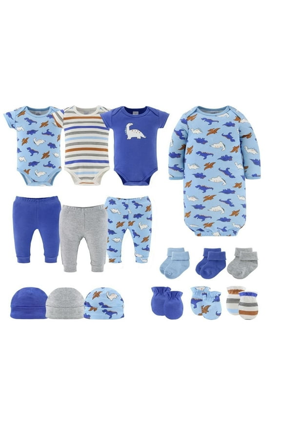 Blue Dino Newborn Baby Clothes and Essentials, Layette Set for 0-3 Months, 16-Piece