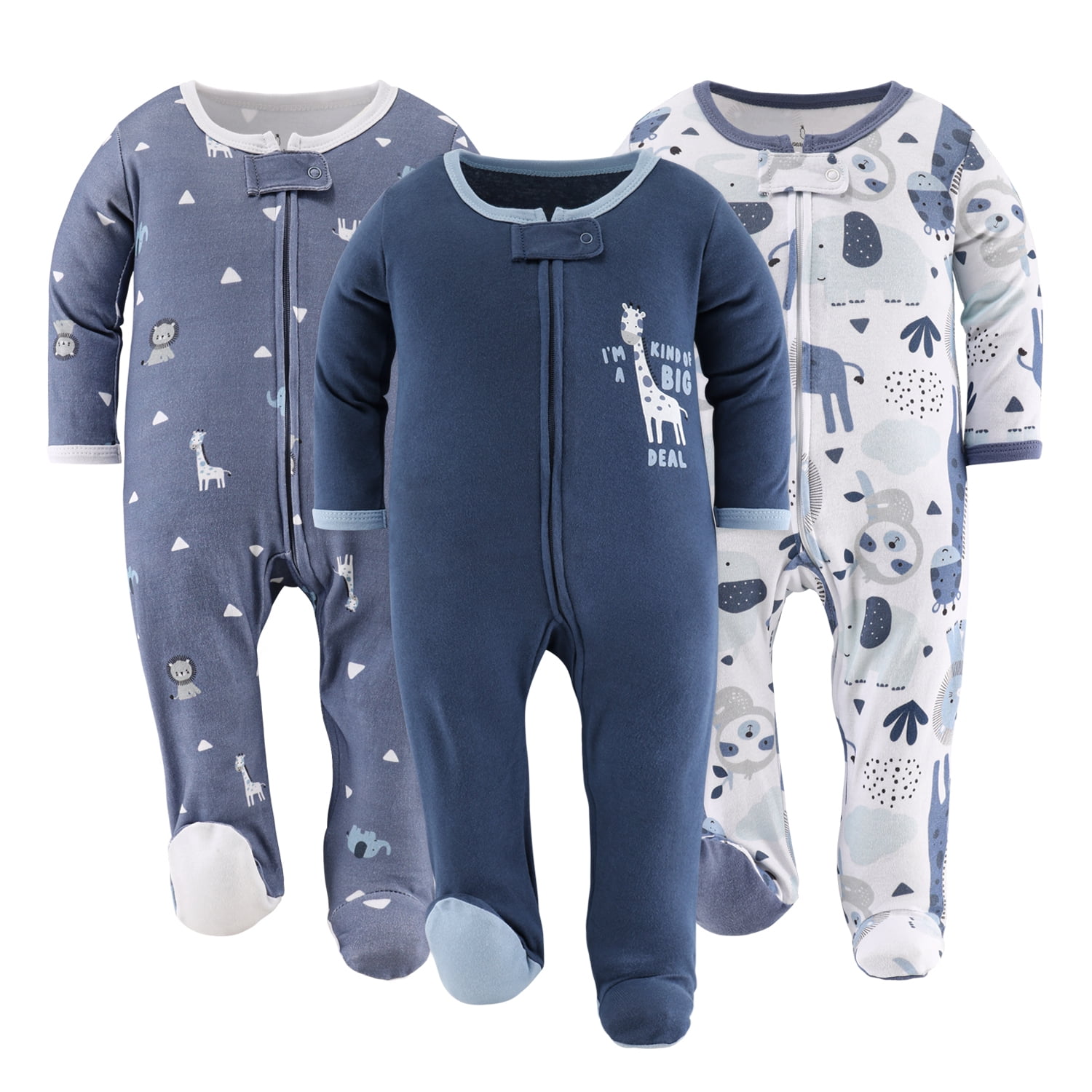 The Peanutshell Blue Safari Footed Baby Sleepers for Boys, 3Pack, 36