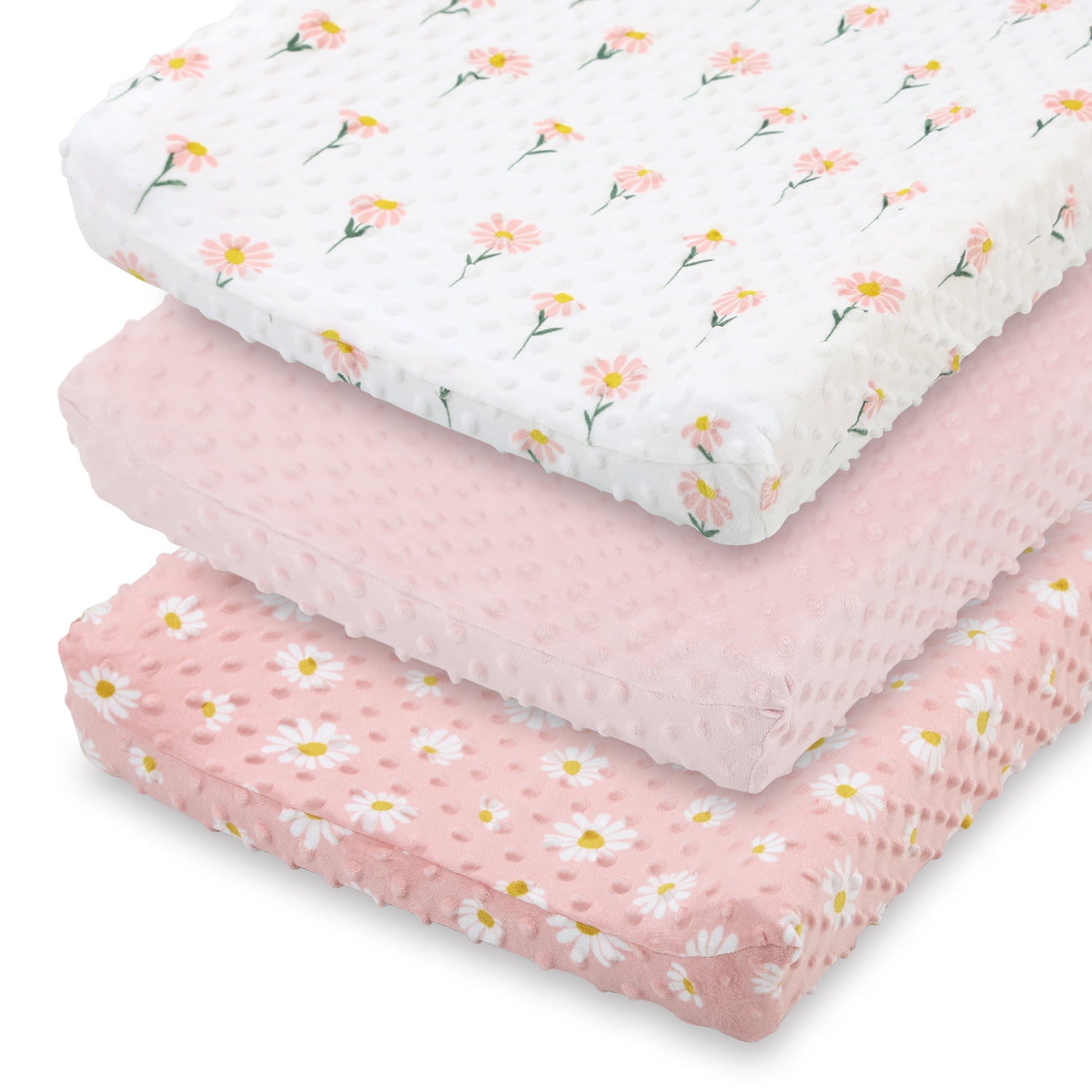 Blush Pink and White Daisy Minky Changing Pad Covers, 3-Pack