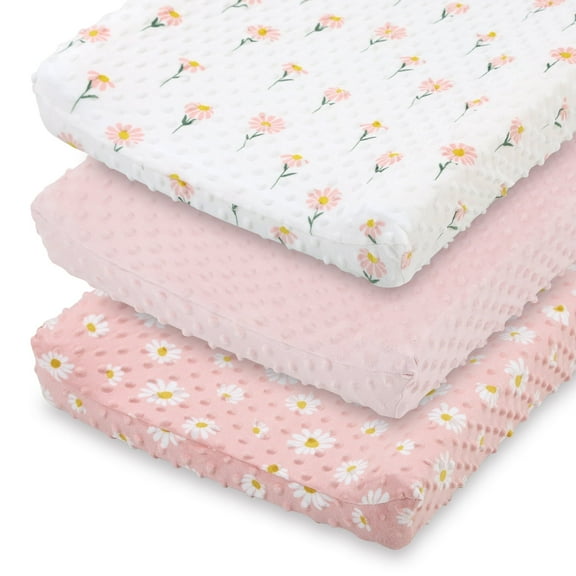 The Peanutshell Blush Daisy Plush Baby Changing Pad Covers for Newborns, 3-Pack