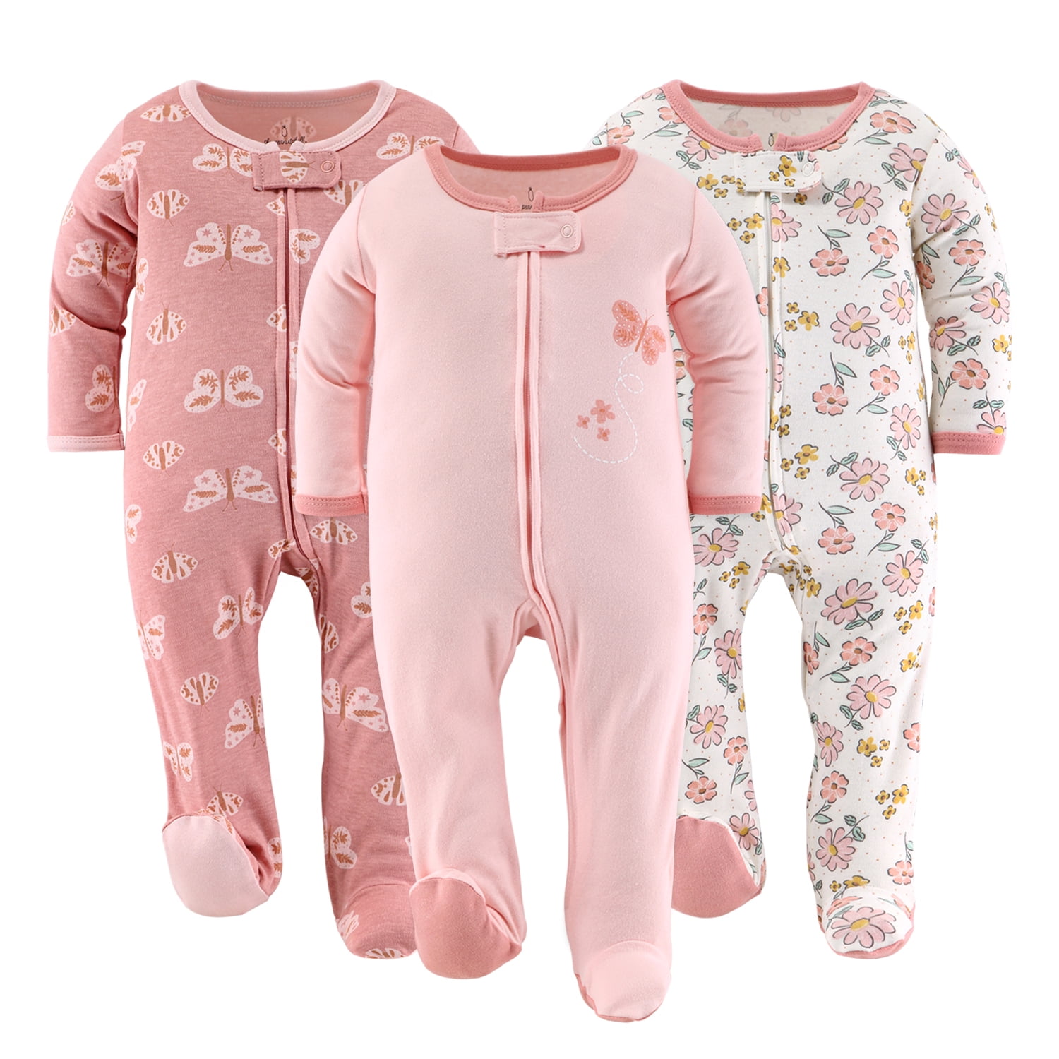 The Peanutshell Boho Butterfly Footed Baby Sleepers for Girls, 3Pack