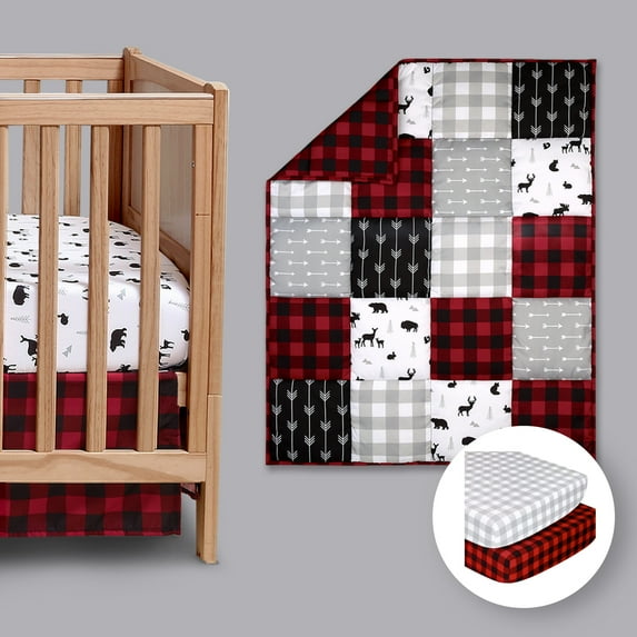 The Peanutshell Buffalo Plaid 5 Piece Baby Nursery Crib Bedding Set, Quilt, Crib Sheets, and Crib Skirt