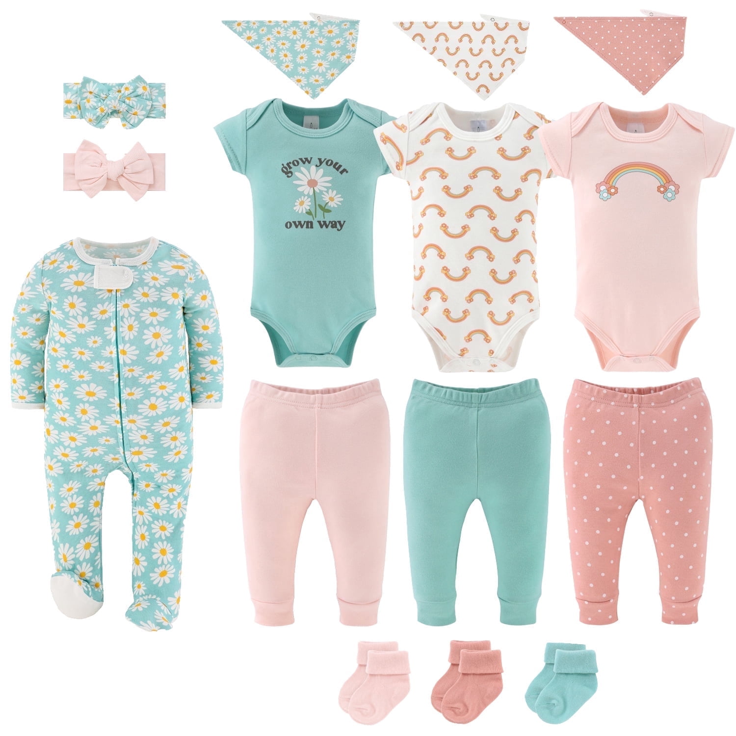 The Peanutshell Carefree Floral Baby Girl Clothes Set, Sleepers, Bodysuits, Bibs and Socks, 0-3 Months, 15-Pc