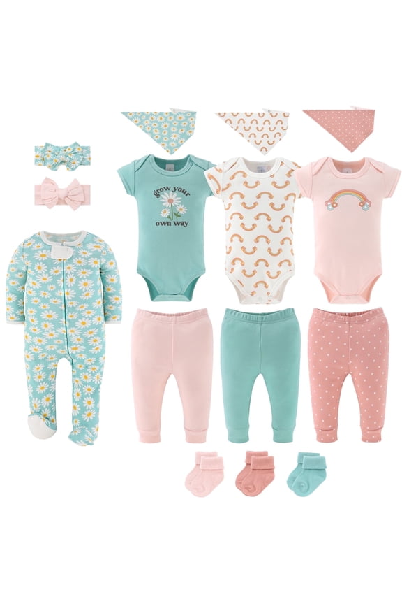 Carefree Floral Baby Girl Clothes Set, Sleepers, Bodysuits, Bibs and Socks, 3-6 Months, 15-Pc