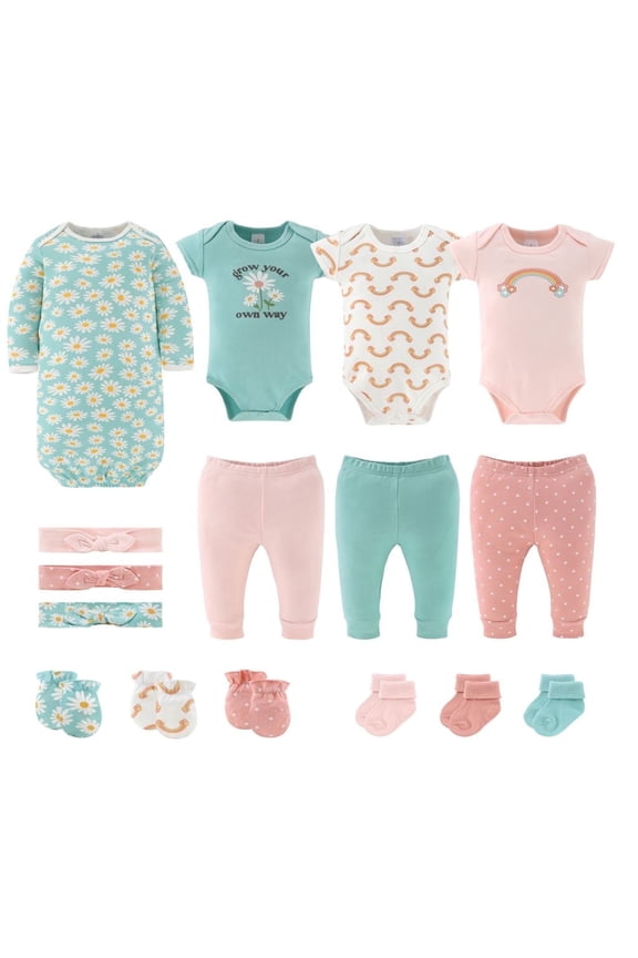 Carefree Floral Newborn Baby Clothes and Essentials, Layette Set for 0-3 Months, 16-Piece
