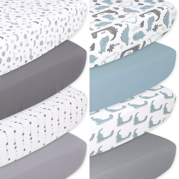 The Peanutshell Celestial Stars and Dinosaur Fitted Crib Sheets, Unisex 8-Pack Set, Grey, Blue, White