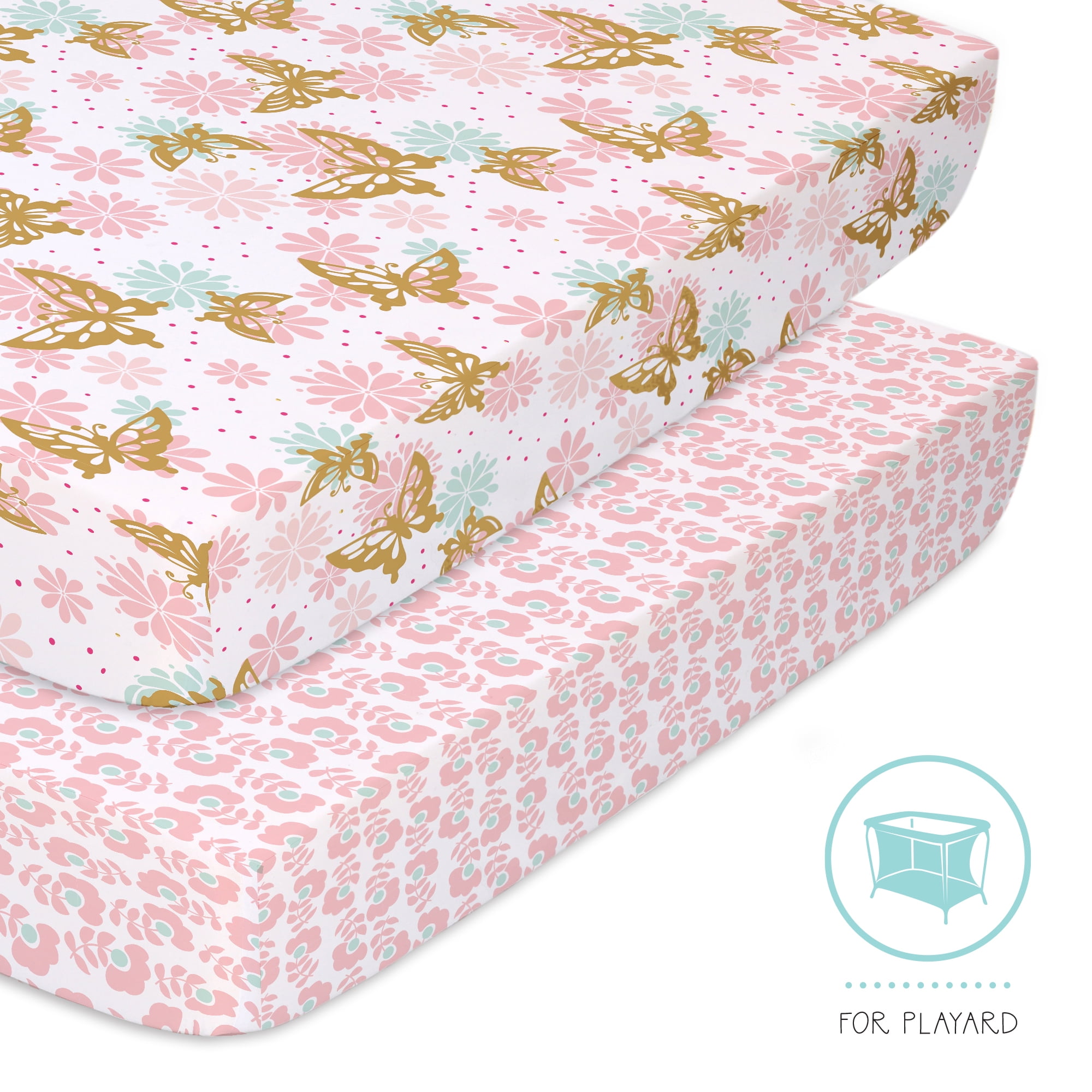 The Peanutshell Changing Pad Cover Set, Pink and Gold Butterfly & Pink