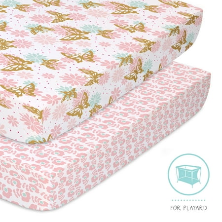 The Peanutshell Changing Pad Cover Set, Pink and Gold Butterfly & Pink Floral