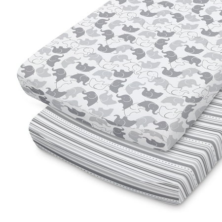 The Peanutshell Changing Pad Cover for Baby Boys or Baby Girls, 2 Pack Set, Grey Elephants & Stripes