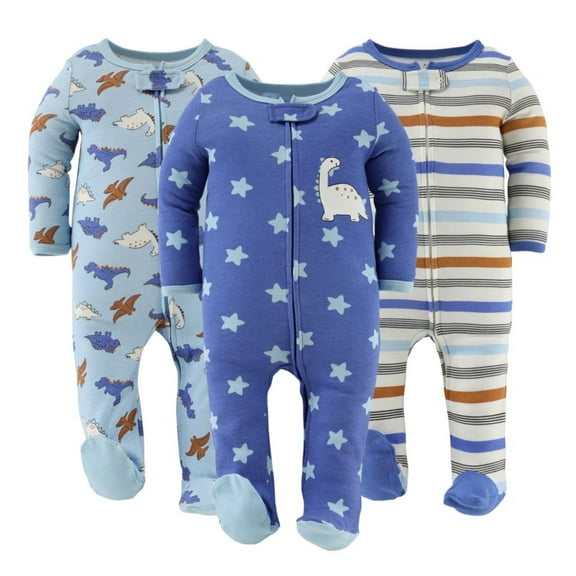 The Peanutshell Cobalt Dino Baby Bodysuit Sleeper Set for Newborn, 3-Pack