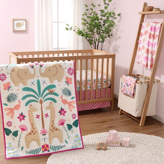 The Peanutshell Crib Bedding Set for Baby Girls, Bright Safari, 5 Pieces