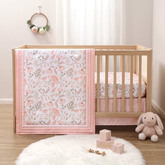 The Peanutshell Whimsical Floral Crib Bedding Set for Baby Girls, Machine-Washable, Pink, 3-Piece