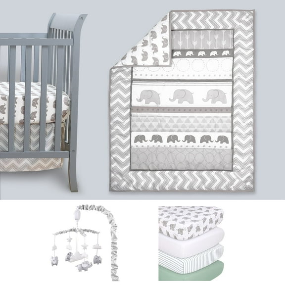 The Peanutshell Elephant Walk 8 Piece Baby Nursery Crib Bedding Set, Quilt, Crib Sheets, Crib Skirt, and Mobile
