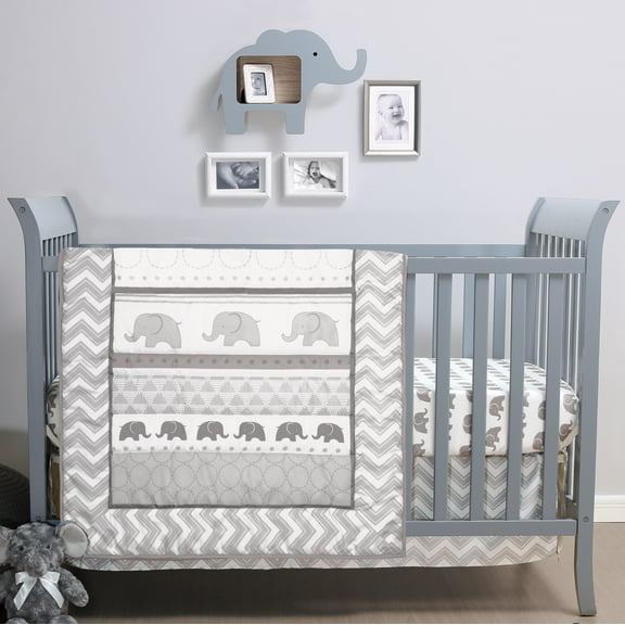 The Peanutshell Elephant Walk Crib Bedding Set for Baby Boys or Baby Girls, 3 Piece Nursery Set with Quilt, Fitted Crib Sheet, and Dust Ruffle