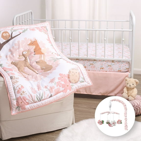 The Peanutshell Fairytale Forest 4 Piece Baby Nursery Crib Bedding Set, Quilt, Crib Sheets, Crib Skirt, and Mobile