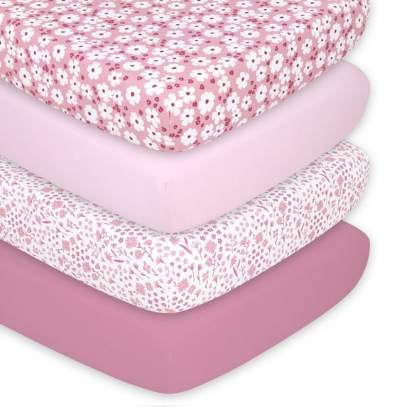 The Peanutshell Fitted Crib Sheet Set, Daisy, 4 Pack