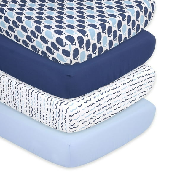 The Peanutshell Fitted Crib Sheet Set for Baby Boys or Baby Girls, Blue Nautical Theme, 4 Pack Set