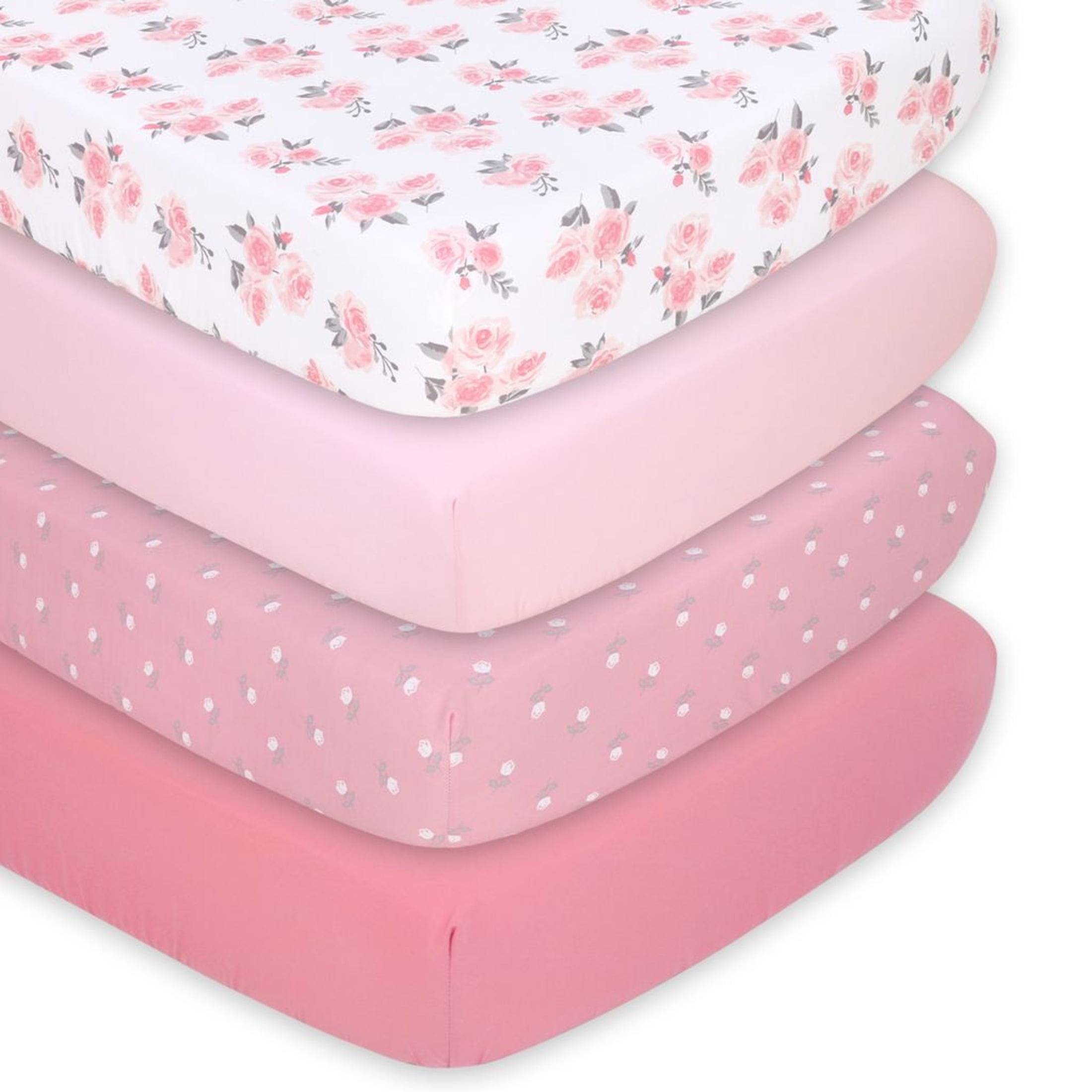 The Peanutshell Fitted Crib Sheet Set for Baby Girls, Pink Roses and Floral, 4 Pack Set