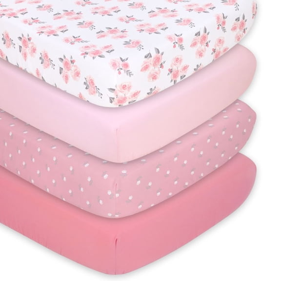 The Peanutshell Fitted Crib Sheet Set for Baby Girls, Pink Roses and Floral, 4 Pack Set