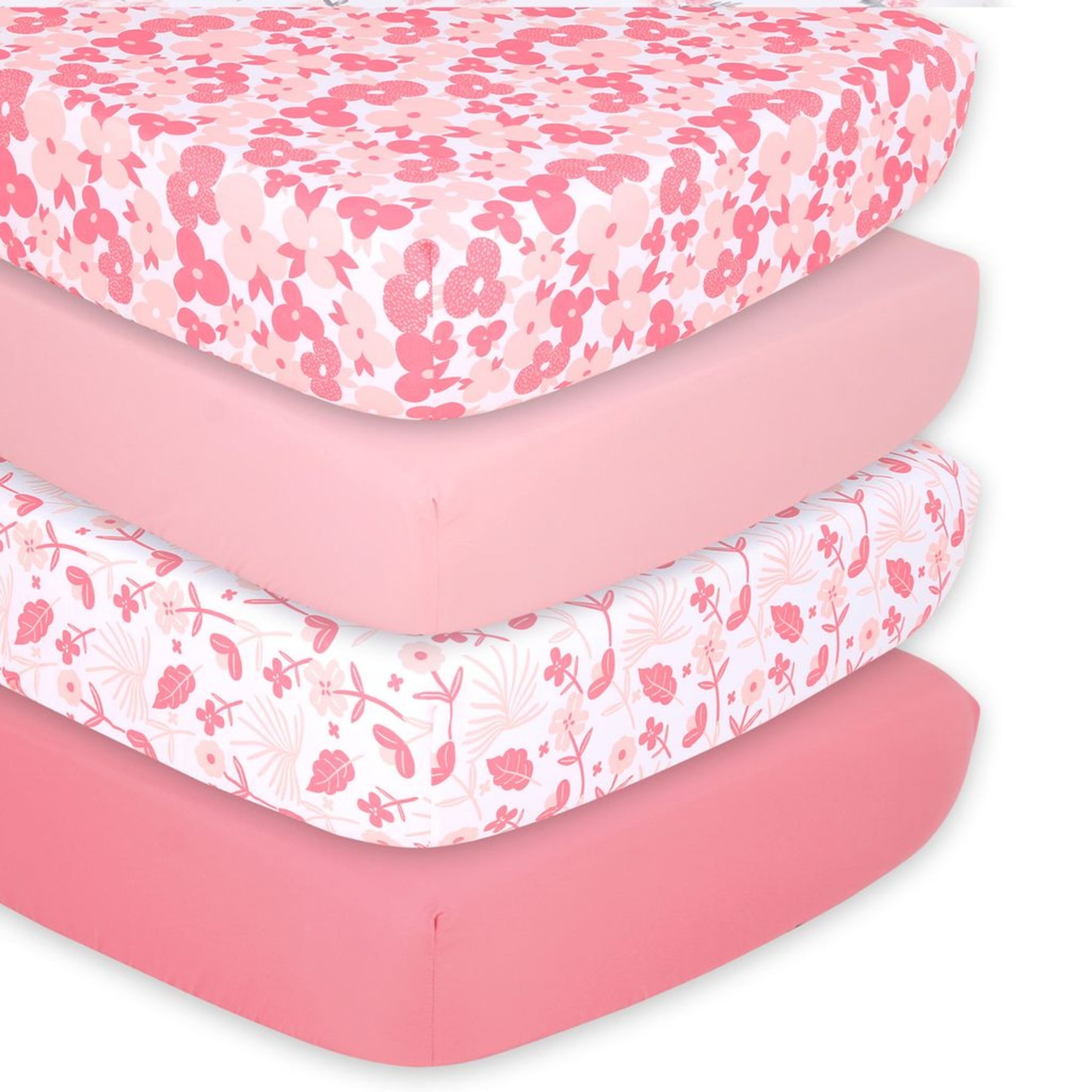The Peanutshell Fitted Crib Sheet for Girls, 4 Pack Set, Pink Floral Punch