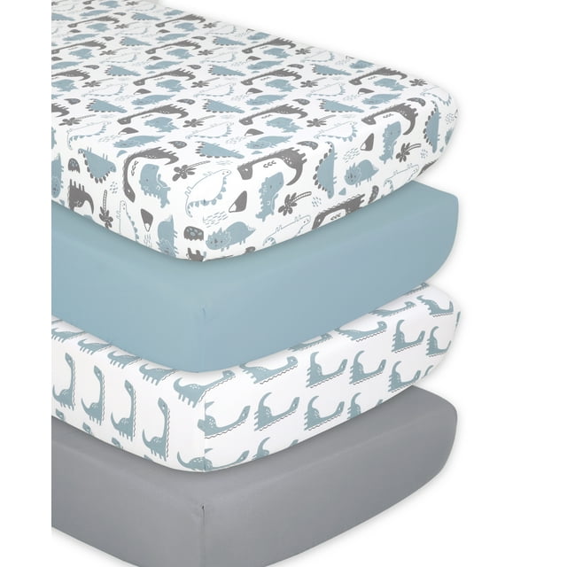 The Peanutshell 4 Pack Dinosaur Nursery Fitted Crib Sheets for Baby Boy
