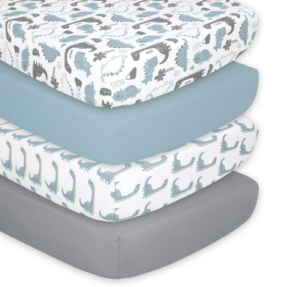 The Peanutshell Fitted Crib Sheets for Baby Boy or Baby Girl, 4 Pack Set, Blue Dino