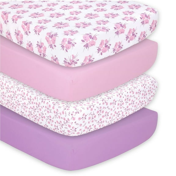 The Peanutshell Fitted Crib Sheets for Baby Girls, 4 Pack Set, Purple Floral