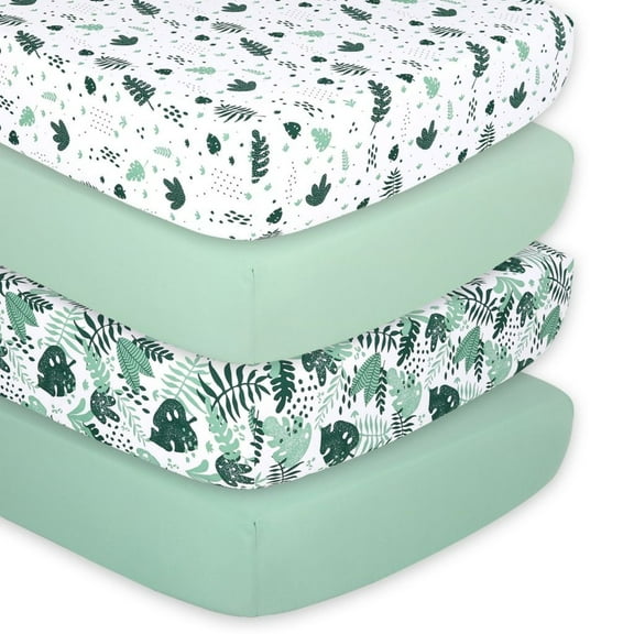 The Peanutshell Fitted Crib Sheets for Boys or Girls, 4 Pack Set, Green Botanical Leaf