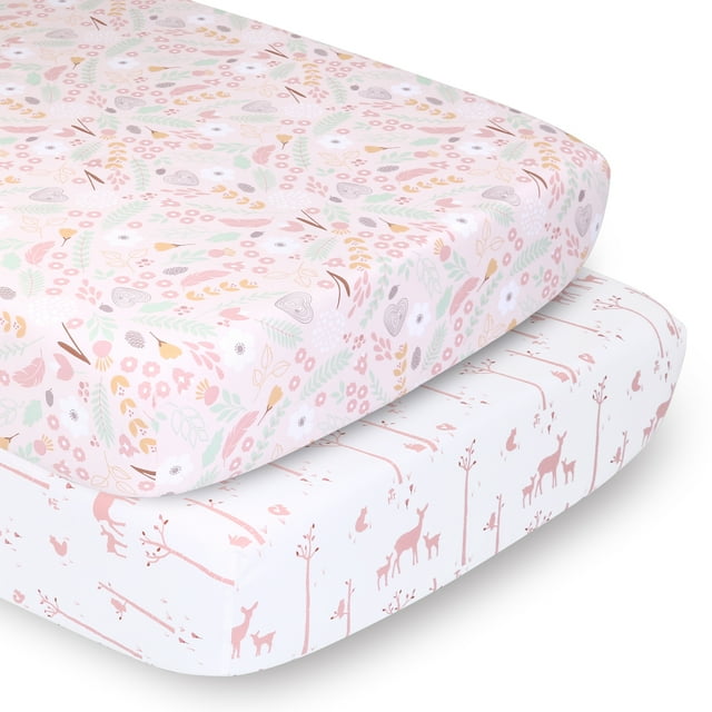 The Peanutshell Fitted Crib Sheets for Girls, 2 Pack Set, Woodland