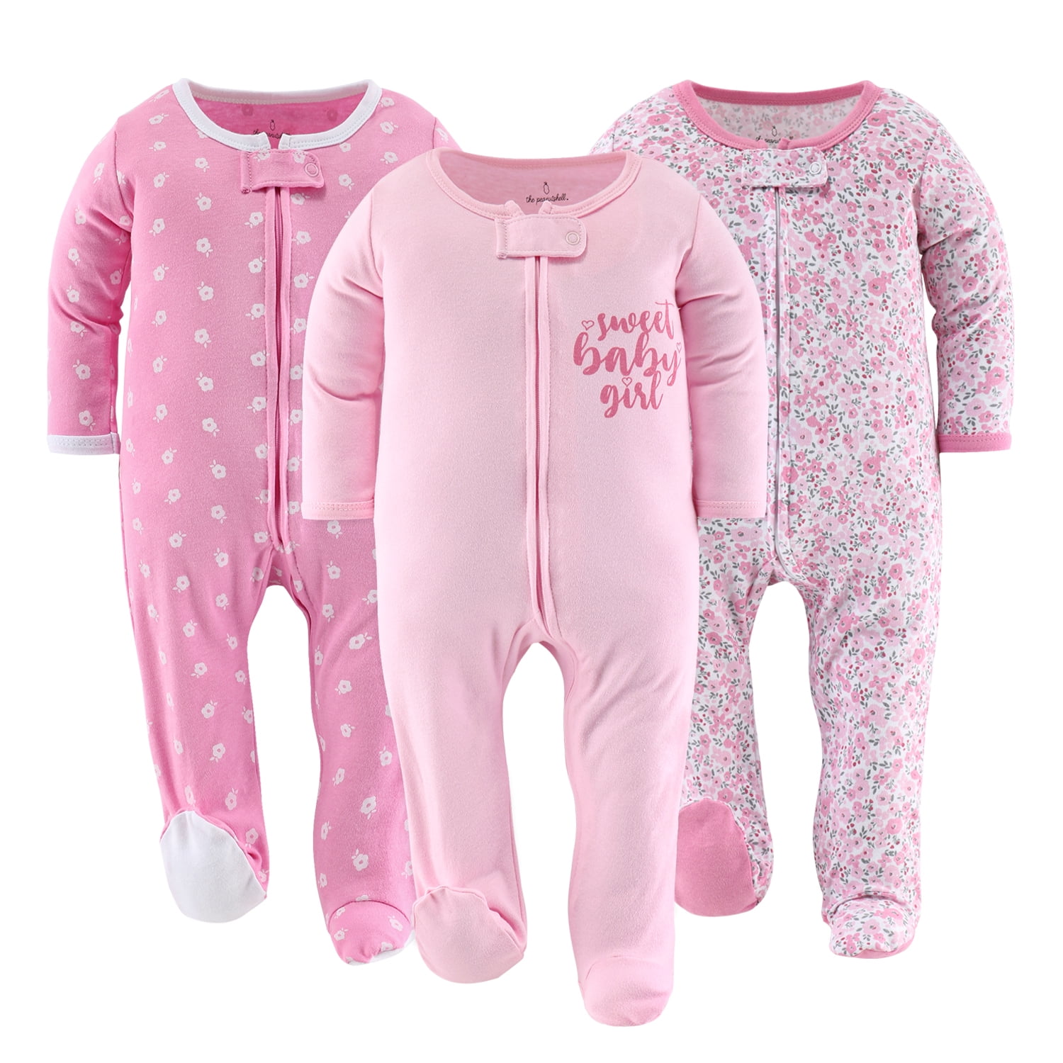 The Peanutshell Floral Love Footed Baby Sleepers for Girls, 3Pack, 36