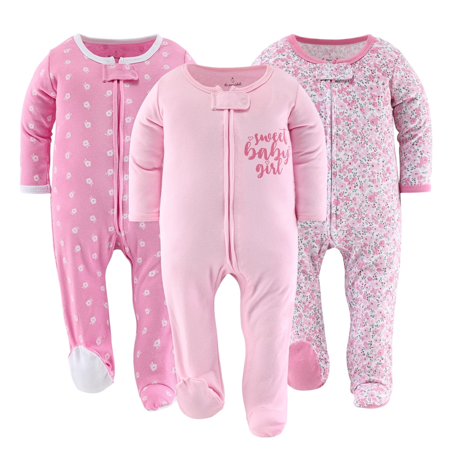 The Peanutshell Baby Sleep n Play Footed Pajamas for Girls Floral Love 3 Pack Newborn