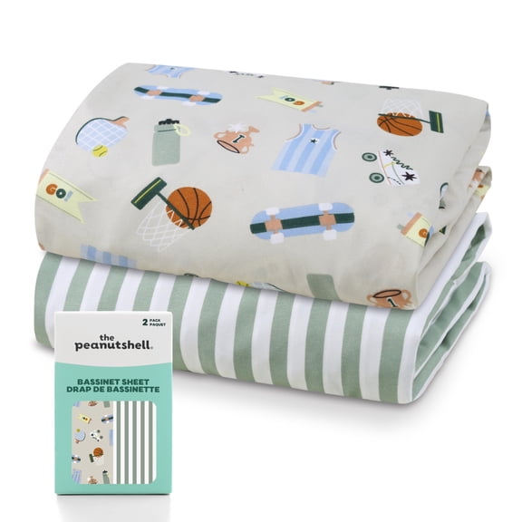 The Peanutshell Good Sport Baby Bassinet Sheets, Microfiber Sheets, 33" x 19.5", 2 Pack
