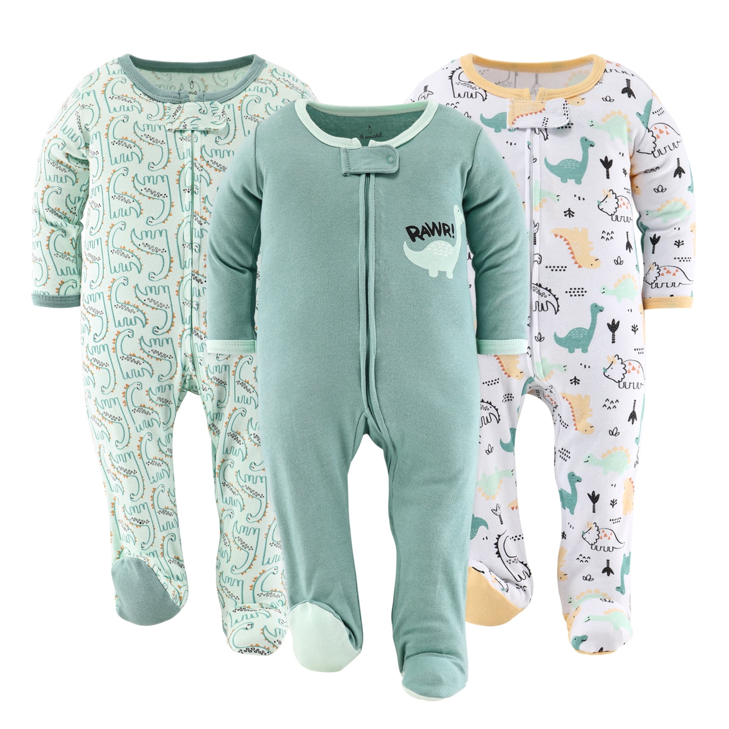 The Peanutshell Green Dino Footed Baby Sleepers for Boys or Girls, 3
