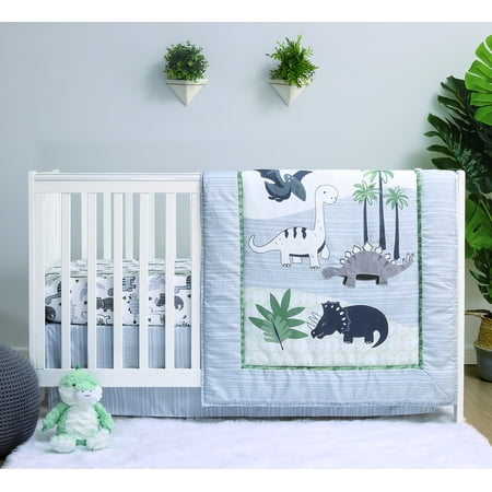 The Peanutshell Green Dinosaur Crib Bedding Set for Baby Boys, 3 Piece Nursery Set
