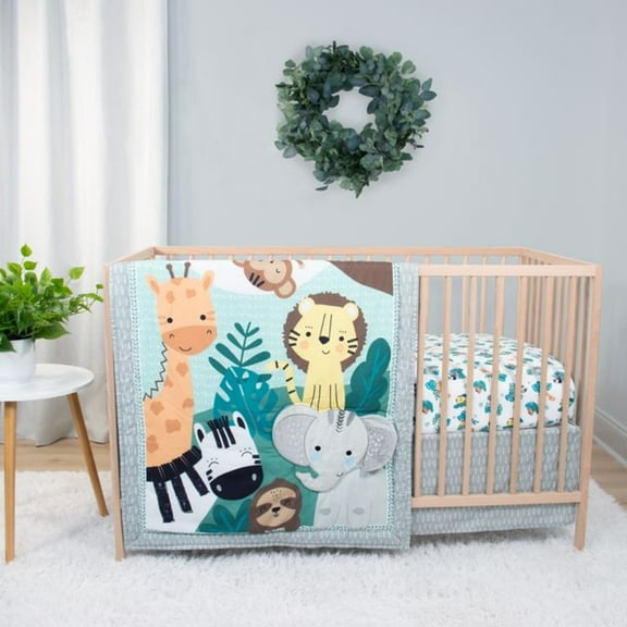The Peanutshell Green and Grey Safari Adventures Crib Bedding Set for Baby Boys or Baby Girls, 3 Piece Nursery Set